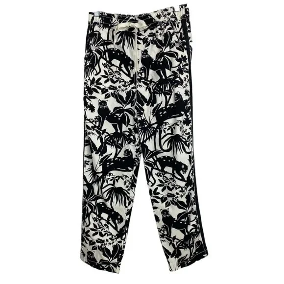MAEVE BY ANTHROPOLOGIE TENLEY BLACK WHITE JUNGLE ANIMAL PRINT TWILL TRACK PANTS - Picture 4 of 11